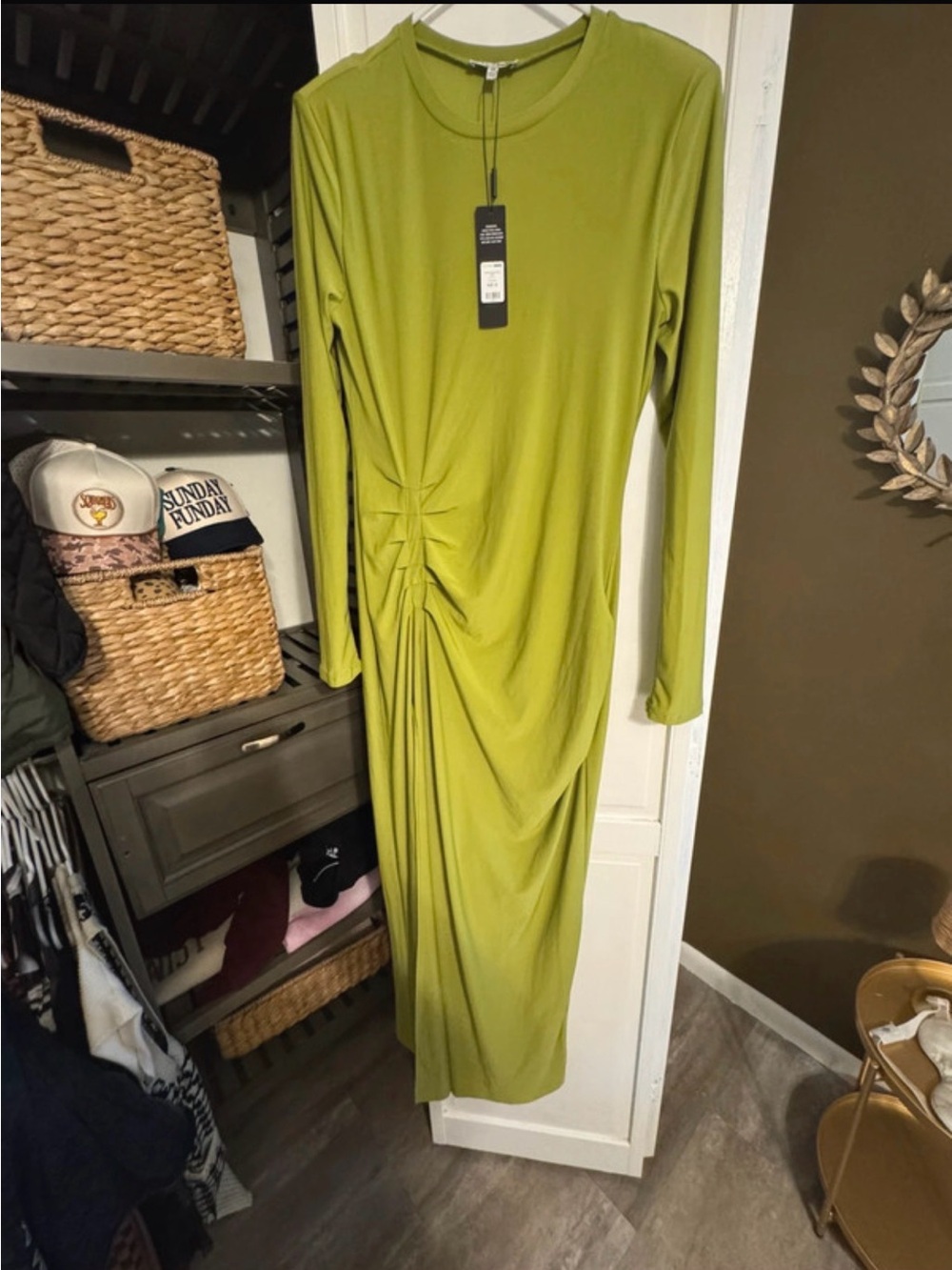 Fashion Nova Olive-Green Long Sleeve Ruched Midi Dress